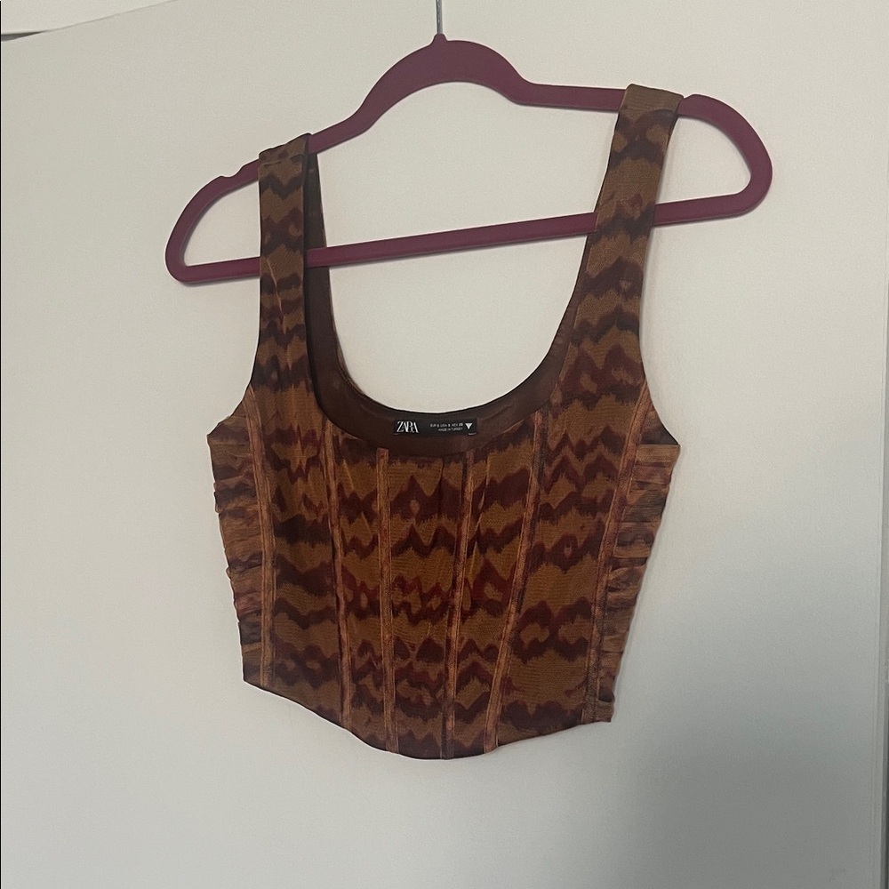 Zara Tan and Brown Corset Tank Top